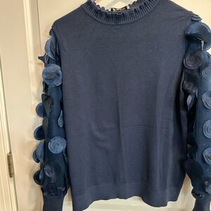 Sioni Navy Sweater with Sheer Embellished Sleeves